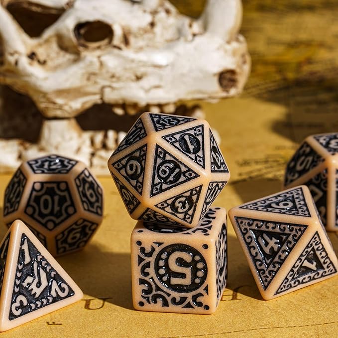 7-Die DND Dice Set New Pattern Polyhedral Dice Set with Leather Bag D&D Die for RPG Table Games(Brown Black)