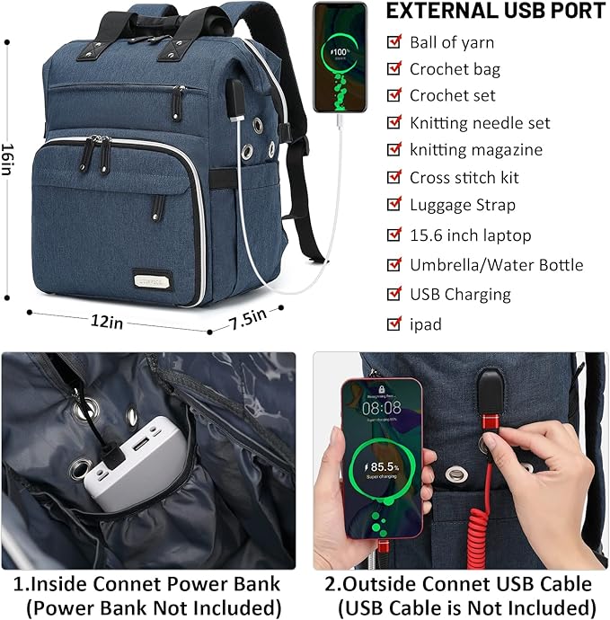 Crochet Backpack,Knitting Bag Backpack Yarn Storage Organizer Travel Crochet Bag with USB Charging Port,Large Yarn Tote Bag Yarn Holder Case for Knitting Needles,Crochet Hooks,Crochet Accessories,Blue