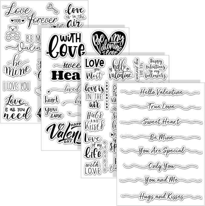 Whaline 4 Sheet Valentine's Day Words Clear Stamps Love Heart Silicone Transparent Stamps Border Stamp Cards for DIY Craft Card Making Scrapbooking Embossing Album Decor