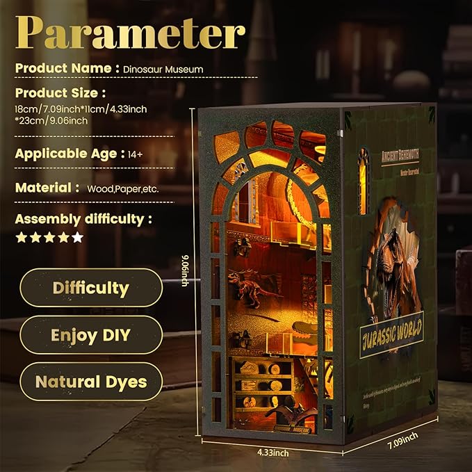 Book Nook Kit – DIY Wooden Miniature House Kits, Stunning Bookshelf Insert Decor, Ideal Gift for Holidays, Birthdays（Dinosaur Museum）