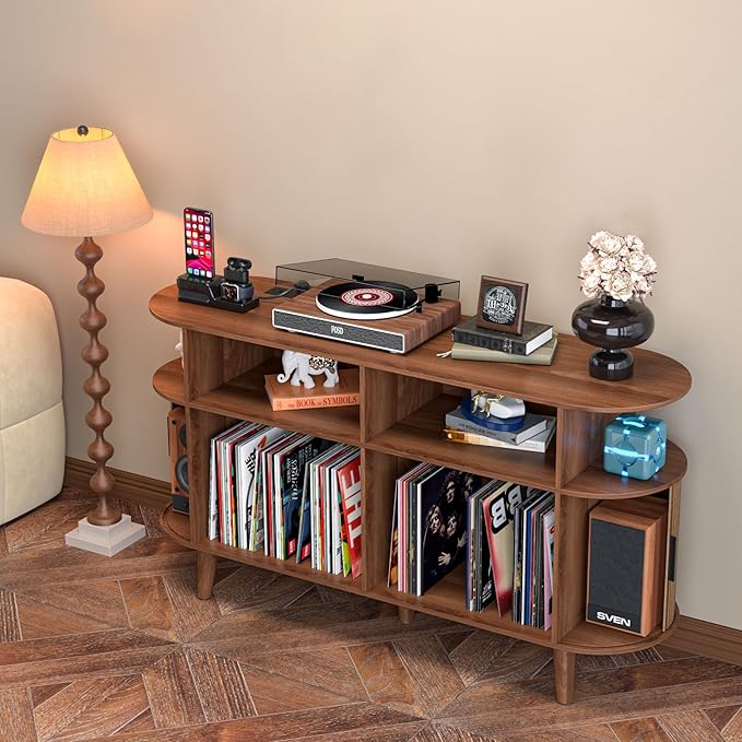 Large Round Record Player Stand with Charging Station & USB Ports，Record Storage Cabinet, Mid Century Modern Turntable Stand for Bedroom Living Room (Walnut)