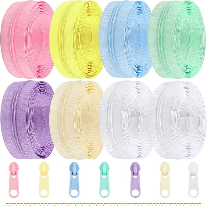 Zippers by The Yard for Sewing, DOITEM 2.8 mm Zippers 22.4 m Nylon Endless Zip Set with Slider and Zip for Sewing and Crafts – 7 Colors