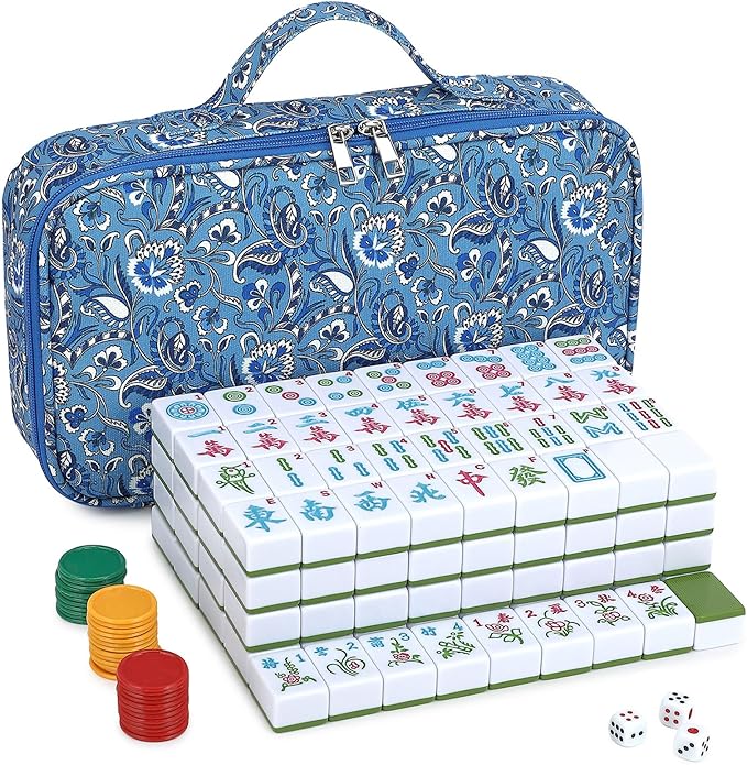 Chinese Mahjong Game Set 146 Qulity Mahjong Green Tiles 1.4-inch Chinese Mahjong Game Set with Blue Printed Carrying Bag [中式麻將 專業套裝](Tiles ONLY, Racks Not Included)