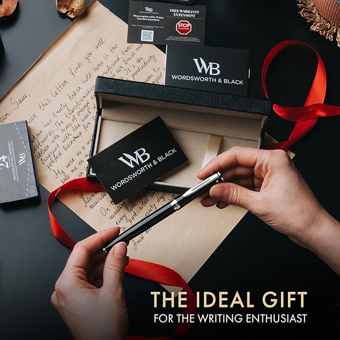 Wordsworth & Black Fountain Pen Set, Broad Nib, Includes 24 Pack Ink Cartridges, Ink Refill Converter & Gift Box, Chrome Finish, Calligraphy, [Black Chrome], Perfect for Men & Women