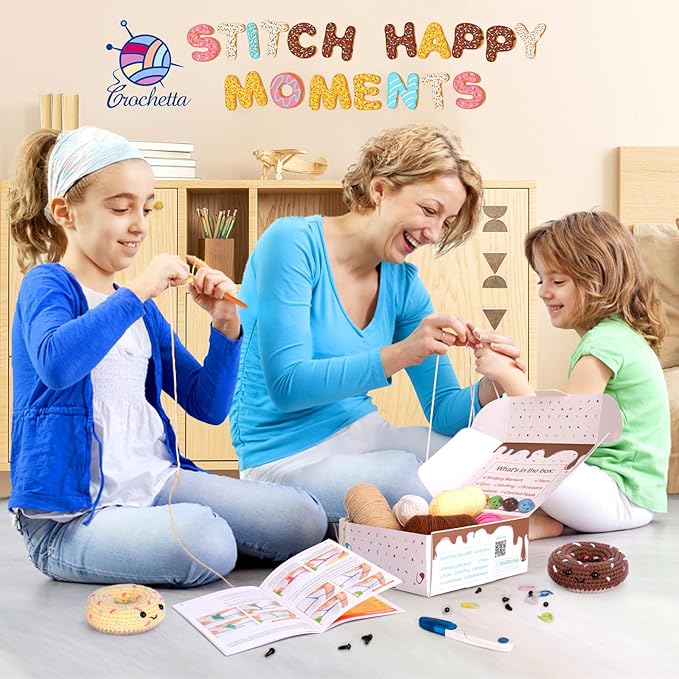 Crochet Kit for Beginners, Beginner Crochet Starter Kit w Step-by-Step Video Tutorials, Learn to Crochet Kits for Adults & Kids, DIY Knitting Supplies, 6-Pack Donut Family(40%+ Yarn Content)