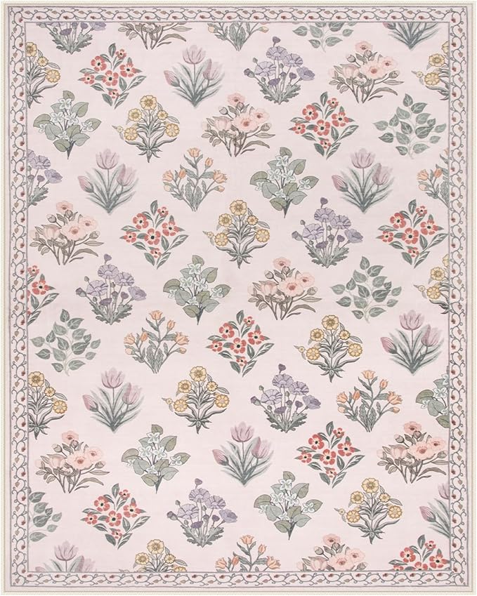 Wonnitar Floral Print Rug for Bedroom, Pink Boho Washable 8x10 Rug Ultra-Thin, Non Slip Soft Large Moroccan Trellis Floor Carpet for Living Room Girls Nursery Kids Playroom, Pale Pink