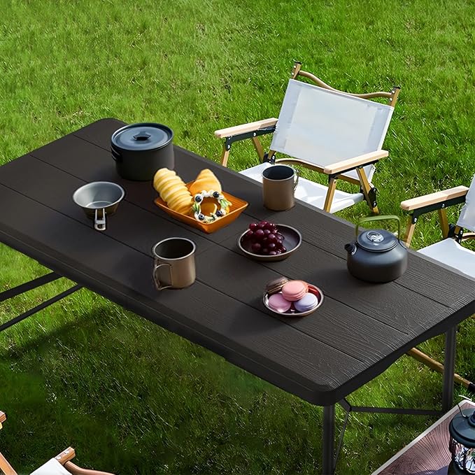 4Ft Folding Table Adjustable Height Portable Folding Tables Heavy Duty 400 lbs Capacity, Wood Grain Tabletop for Working Meeting Parties, Picnic, Camping, Weddings, Garden Dining-Black