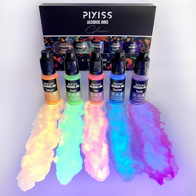 Pixiss Glow in The Dark Alcohol Ink Set - 5 Shades of Brilliantly Glowing Alcohol Ink for Epoxy Resin Supplies, Yupo Paper, Tumblers, Coasters - Resin Colorant for Epoxy Resin and Resin Art Supplies