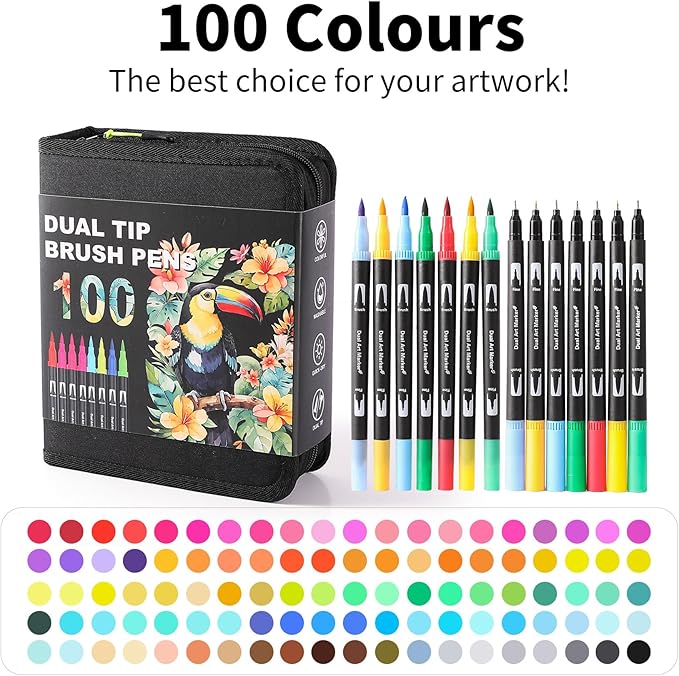 Dual Tip Markers, Double Brush Art Markers Set with Fine Tip and Brush Tip for Adult Coloring Book, Hand Lettering, Calligraphy & Drawing, Art Supplies Kit for Kids and Adults (100 Colors)