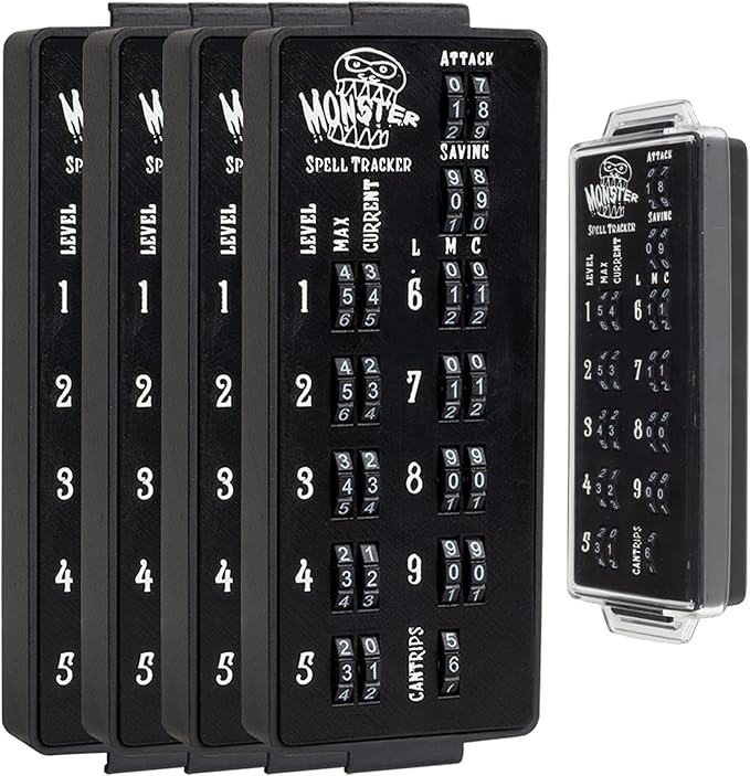 Ultimate RPG Spell Tracker for DND (4 pk)- Keep Track of All Magic Stats, Levels, Modifiers Easily w Adjustable Place-Locking Dials & Protective Cover- Compatible w Dungeons Dragons 5e Tabletop Games