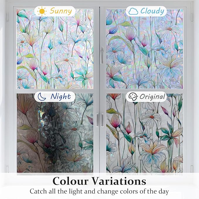 Donox Decorative Window Privacy Film, 3D Floral Stained Glass Window Film Static Cling Rainbow Privacy Sticker for Glass Door Heat Control Anti UV, No Adhesive (Magnolia,35.4 x 78.7 inches)