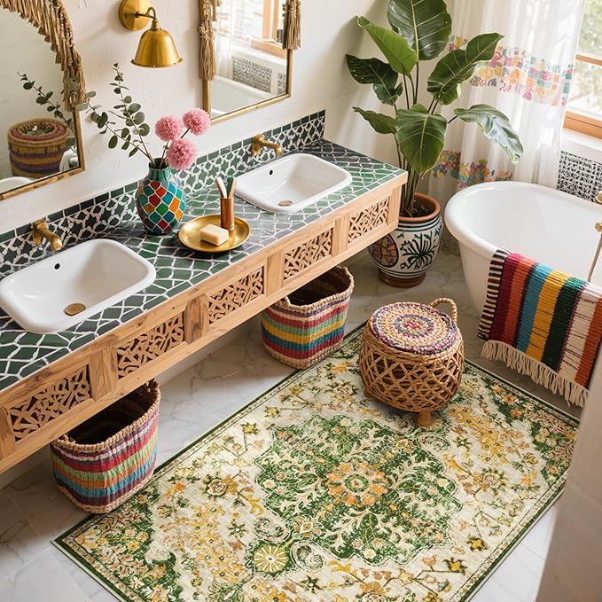 Lahome Bohemian Floral Medallion Area Rug - 3x5 Soft Rug for Bedroom Living Room Mat, Cute Washable Indoor Floor Throw Carpet for Office Entry Way Apartment Dressing Room RV, Yellow/Green/Multi