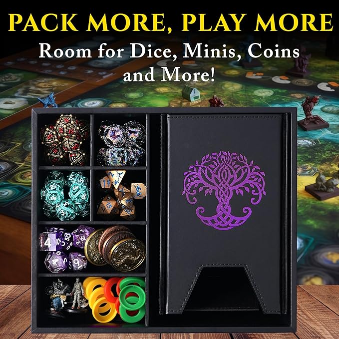Dice Tray and Dice Tower for DND and RPG - All-in-One Game Roamer Tray & Large Tower for Random Rolls - Stores Your Sets, Mini's and More Compatible with D&D (Purple Tree)