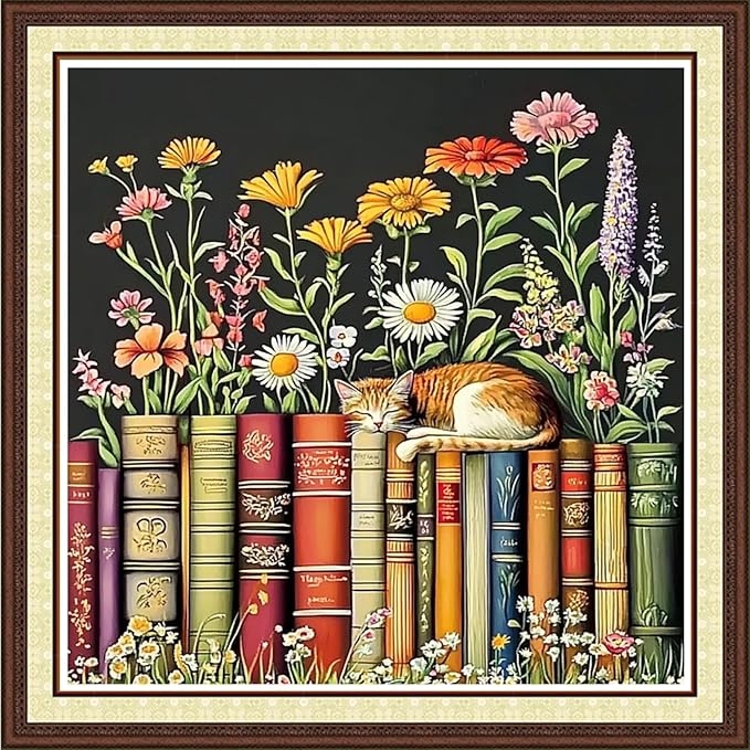 Findvoor Counted Cross Stitch Kits for Adults Full Range of Cross Stitching Embroidery Unprinted Pattern for Beginners, 11CT Needlepoint Kit Patterns Embroidery Kits-Books, Cats, Flowers 18x18 inch