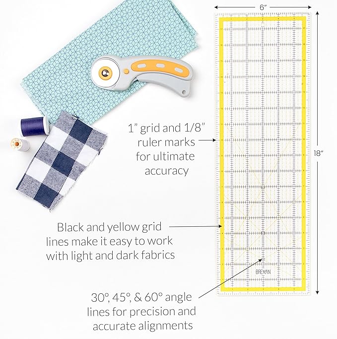 Breman Precision Quilting Rulers – 6x18 Inch Clear Acrylic Rulers for Quilting and Sewing – Laser-Cut Edge, Easy-Read Grid Lines, Angled Markers – Fabric Guide for Left & Right-Handed Users