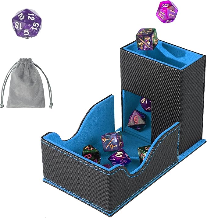 Dice Roller Tower, Premium DND Magnetic Dice Tray, Foldable PU Leather Dice Tower RPG Gifts for Dungeons and Dragons MTG Dm & Player Black/Blue