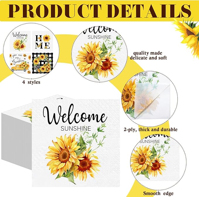 Fulmoon 200 Pieces Summer Sunflower Cocktail Napkins Disposable Floral Dessert Paper Napkins Bulk Sunshine Decoupage Beverage Towel for Summer Sun Party Dinner Decorative