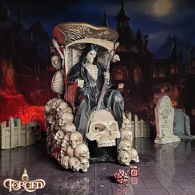 Forged Dice Co. Grim Bones Dice Tower with LED Skull Eyes - Hand Painted Grim Reaper Throne - Dice Rolling Tower Compatible with DND Accessories
