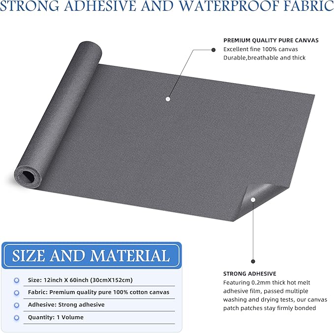 KING MOUNTAIN Canvas Iron on Patch,12"×60",Waterproof 100% Cotton Fabric Repair Patch,Used for Various Sofa,Tent,Clothes,Seats,Suitcases (Gray,Waterproof)