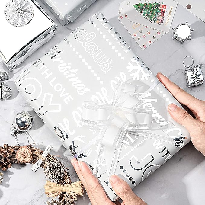 WRAPAHOLIC 30 Inch Christmas Wrapping Paper Roll - Jumbo Roll Blue and Silver Snowflake Holiday Design with Metallic Foil Shine - 4 Rolls - 30 Inch x 120 Inch Per Roll
