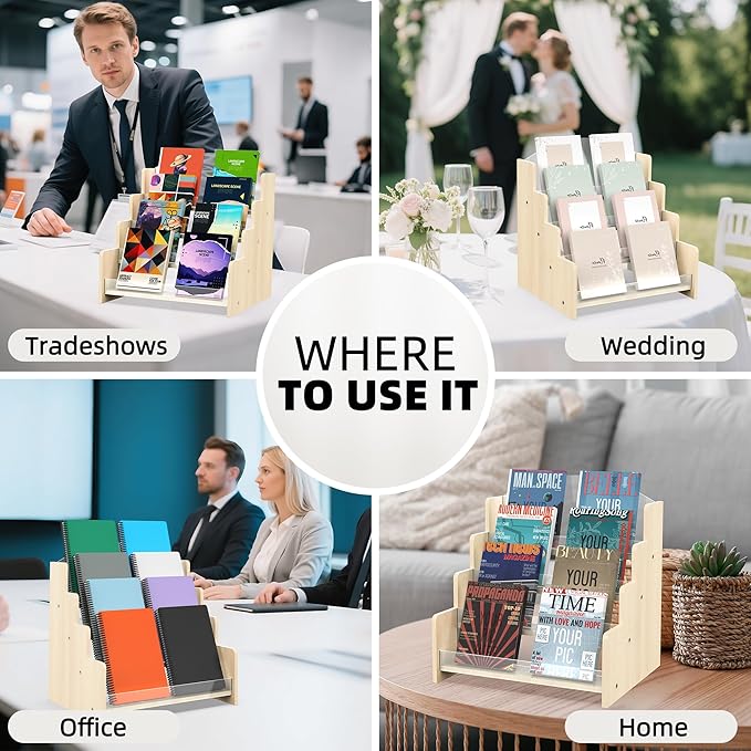 4-Tier Wooden Greeting Card Display Stand, Acrylic Brochure Holder for Retail Counter, Craft Fairs Photo Picture Postcard Organizer Rack, Space-Saving Desktop Display