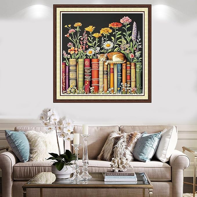 Findvoor Counted Cross Stitch Kits for Adults Full Range of Cross Stitching Embroidery Unprinted Pattern for Beginners, 11CT Needlepoint Kit Patterns Embroidery Kits-Books, Cats, Flowers 18x18 inch
