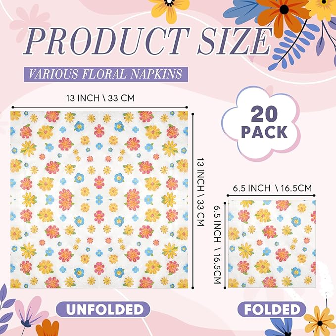 Crtiin 36 Pack 9 Styles Decoupage Napkins Assorted Floral Decorative Decoupage Napkins Chinoiserie Cocktail Paper for DIY Crafting Birthday Party, Each Unfolded 13 Inch (Little Colorful Floral)