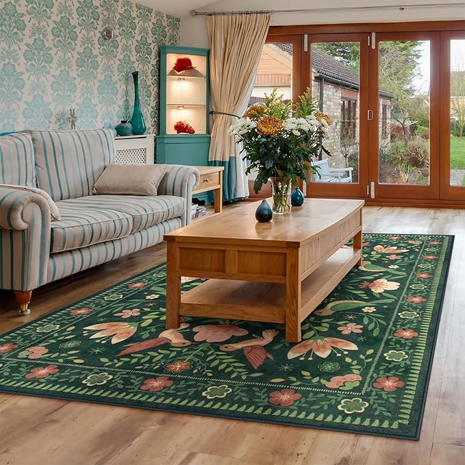 Morebes Washable Floral 5x7 Green Area Rug for Living Room, Large Boho Bird Rug for Bedroom Non Slip, Soft Vintage Plant Floor Carpet for Nursery Dining Kids Room Playroom Emerald Green