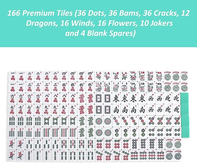 American Mahjong Game Set, 166 Light Green Tiles, 4 All-in-One Color Rack/Pushers, Complete Mahjong Tile Set, Light Green Carrying Bag