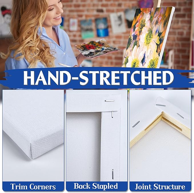 Professional Stretched Canvas Art Supplies, Acrylic, Oil, Watercolor, 20-Pack, 8x8 Inch, 5/8 Inch Profile, Cotton Canvas