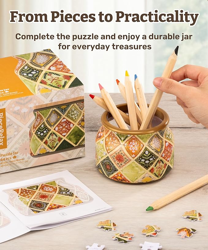 PieceRelax 3D Puzzle Jar 64 Plastic Pieces for Adults - Daisy Breeze Wooden Lid Container for Kitchen Dining Study Living Room No Glue Requied Small [BC1025]