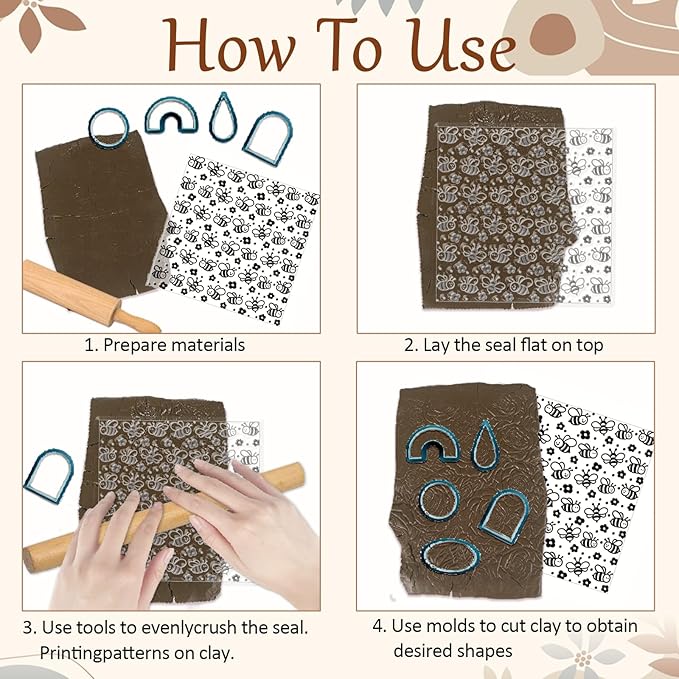 CHGCRAFT Cartoon Bees Pattern Polymer Clay Texture Sheet Seamless Flowers Pattern Silicone Texture Mat for Polymer Clay Making Earrings Jewelry DIY Crafts 5.5 × 5.5 Inch