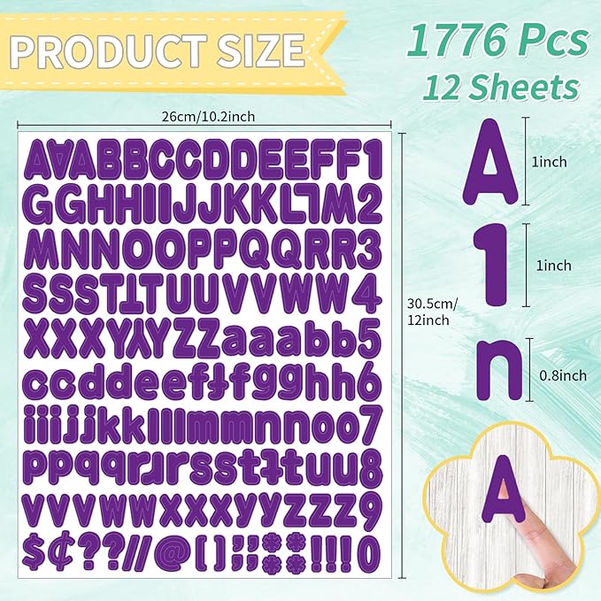 Alphabet Stickers, 1'' Inch, 12 Sheets, Deep Purple Letter Stickers, Self-Adhesive Vinyl, Mailbox Numbers, Classroom & Home Decor