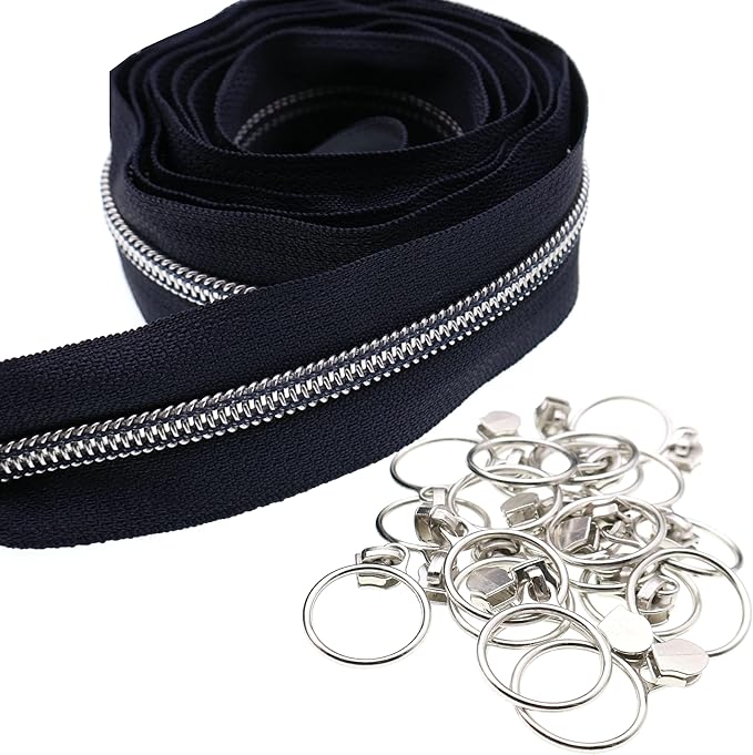 Leekayer Silver Metallic Nylon Coil Zippers by The Yard Bulk 10 Yards Navy Black with 25pcs Silver Sliders for DIY Sewing Tailor Craft Bag