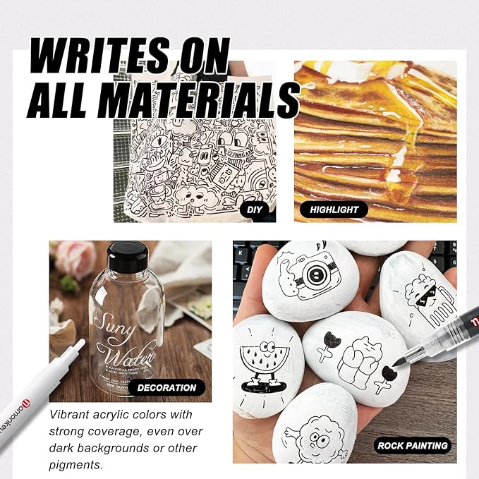 White Paint Marker Pens 6 Pack 1.2mm Fine Tip, Permanent Acrylic Ink for Rock, Wood, Metal, Glass, Ceramic, Plastic, Canvas, Pens for DIY Crafts, Art & Fine Detailing