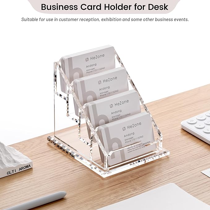 Acrylic Card Holder Clear Horizontal Business Card Organizer Stand for Desk 4 Slots 4 Tier Business Cards Stand for Women and Men,Office Desk Accessories,Organize 200 Cards-1 Pack(4Slots-H)