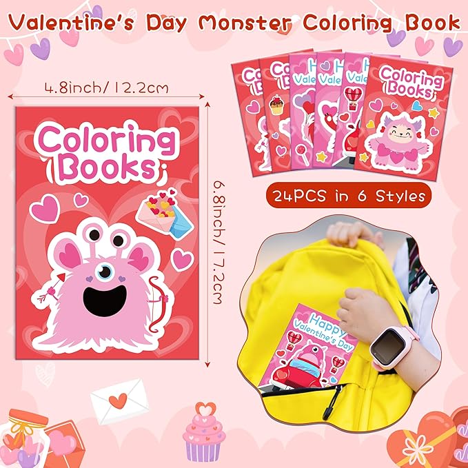 JAPBOR Valentine's Day Coloring Book - 24PCS Mini Valentine Monster Color Books Bulk for Party Favors, Sweet Romantic Themed Small Colouring Pages for Birthday Gifts Class Drawing Painting Game