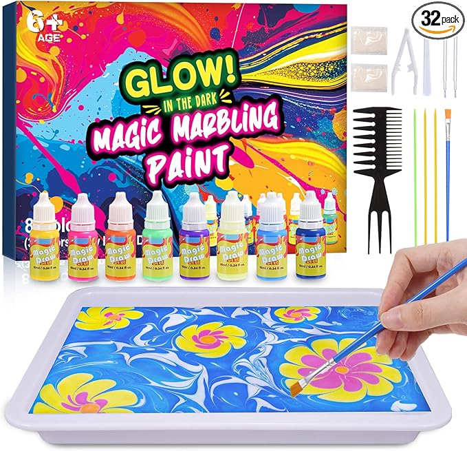Glow Water Marbling Paint for Kids, Arts and Crafts Crafts for Kid Age 6-12 Birthday Gifts Ideas (Marbling Paint Blue)