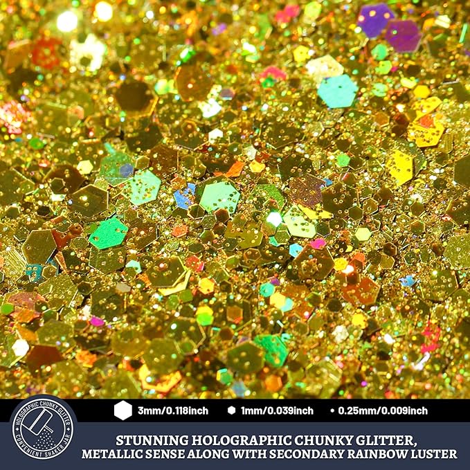 LEOBRO Gold Glitter, 160g/5.64oz Holographic Chunky Glitter for Crafts, Resin, Nail Body, Tumblers, Party Decorations