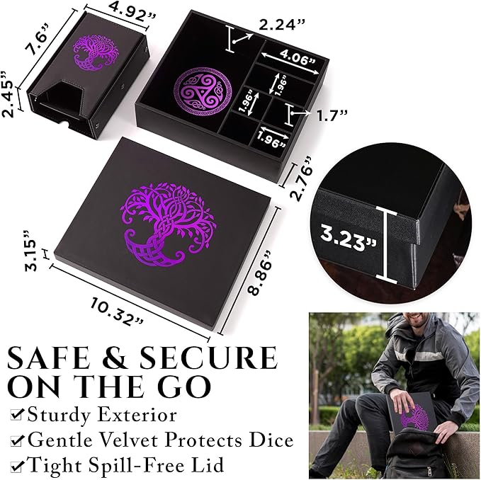 Dice Tray and Dice Tower for DND and RPG - All-in-One Game Roamer Tray & Large Tower for Random Rolls - Stores Your Sets, Mini's and More Compatible with D&D (Purple Tree)