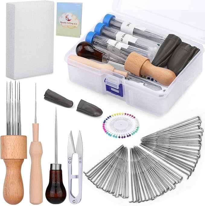 IMZAY Needle Felting Tools, Wool Felting Supplies, Needle Felting Kit with 60 Pcs Needles, Foam Mat, Wooden Handle, Scissors, Perfect for DIY Felting Wool Projects