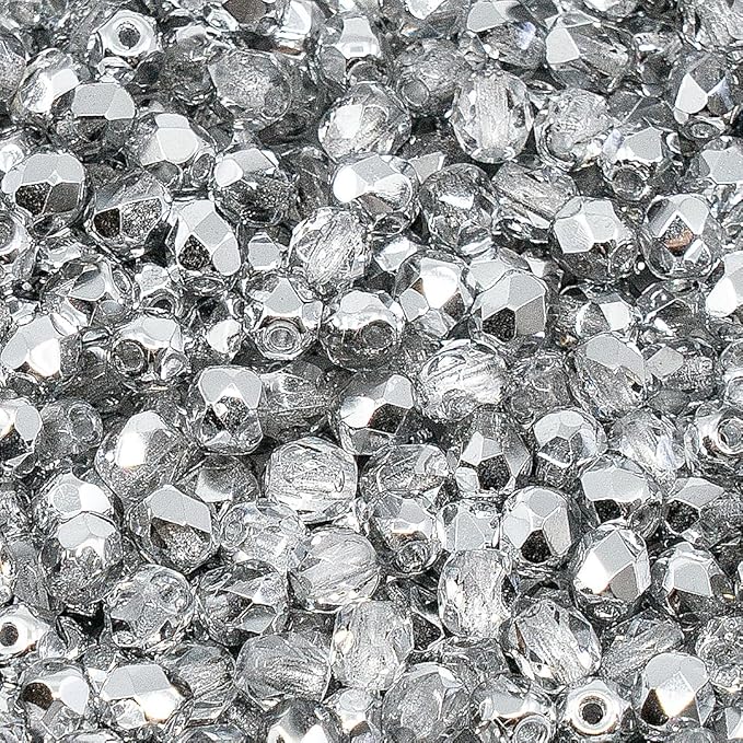 100 pcs of Faceted Fire Polished Pressed Czech Glass Beads 4mm (0.16in), Crystal Silver Aluminum Labrador 00030-27001 BCV