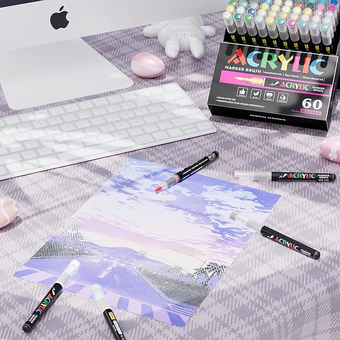 60 Colors Acrylic Marker With Brush Tip Automatic Ink Control, Water Based Ink Paint Markers For Rock Painting, Canvas, Wood, Ceramic, Glass, Stone, Fabric, DIY Crafts Textile & Art Supplies