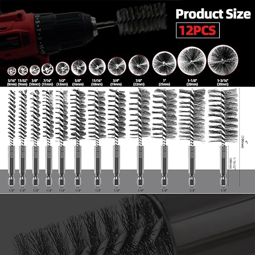ASNOMY 12Pcs Wire Bore Brush for Drill,5/16"-1-3/16" Stainless Steel Wire Brush Bore Cleaning Brush Set for Power Drill Cleaning,Abrasive Drill Wire Brush with 1/4" Hex Shank