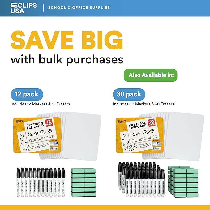 Dry Erase Board, Dry Erase Lap Boards (with 12 Markers & 12 Erasers), Small White Boards Dry Erase, White Board Mini, 9” x 12” Double Sided (48 Pack)