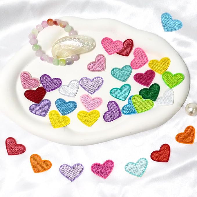 62 Pcs Colorful Embroidered Iron on Heart Patches Hearts Iron on Patches Mini Tiny Fabric Heart Sew on Patch,Hearts Embroidered Patch for Clothes Dress Pant Hats Backpack