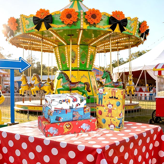 Pineraap 12 Sheets Circus Wrapping Paper, Cute Circus Acrobatic Clown Ferris Wheels Balloon Tent Pattern Folded Gift Packing Paper for Birthday, Baby Shower, Parties, Gifts, Crafts, 20 x 28 inch