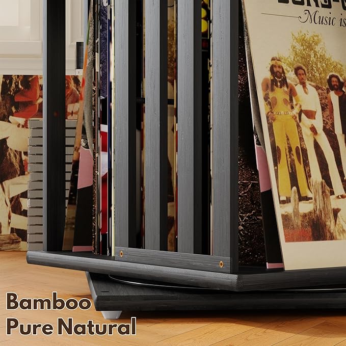 XIMN 360° Rotating Bamboo CD/DVD Shelf - 6-Tier Space-Saving Media Storage Cabinet for Movies, Organizer with Super Compact Design (Black, 4 Tier)