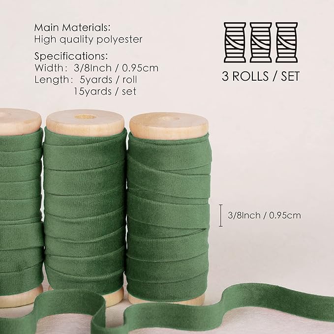 Vitalizart Green Velvet Ribbon Set 3/8" x 15 Yd Wooden Spool Fabric Trim 3 Rolls * 5 Yd for Christmas Wreath Decoration Handmade Craft Ornaments Gift Wrapping & Bow Making