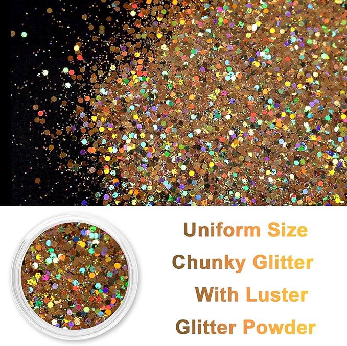 Renfio Holographic Glitter, 2.11oz/60g Mix Ultra Fine Glitter for Crafts Resin Glitters PET Flakes for Nail Art Tumblers Slime - Diamond Laser Gold